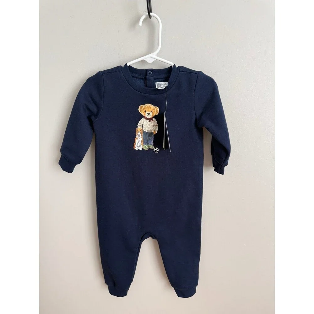 NWT Ralph Lauren Polo Bear 9mo Fleece Crewneck Coverall Navy